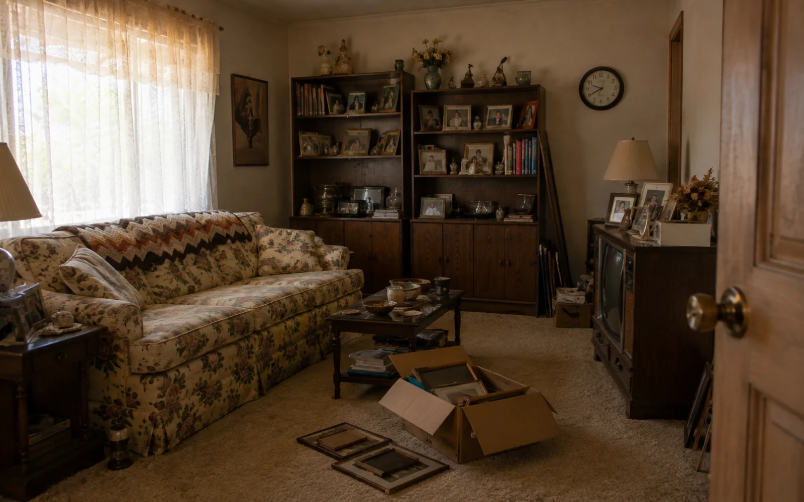The furnished living room of an inherited house, belongings still in place